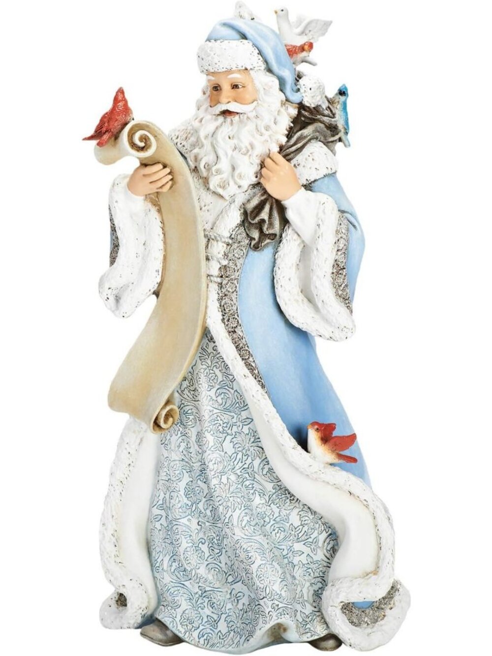 Winter Blue Santa Figure - 14" Tabletop Christmas Decor with Birds & List